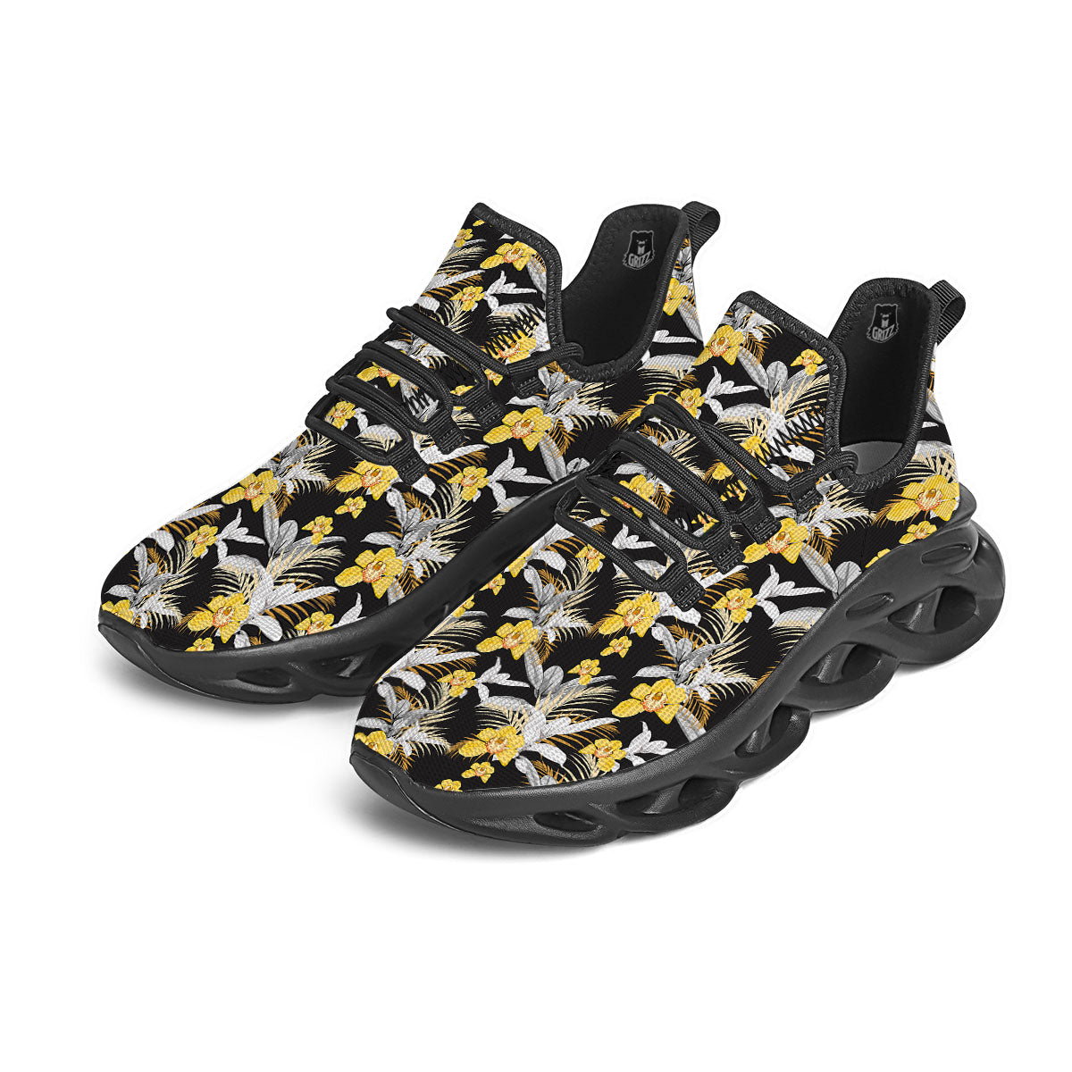 Orchid Yellow Print Pattern Black Running Shoes-grizzshop