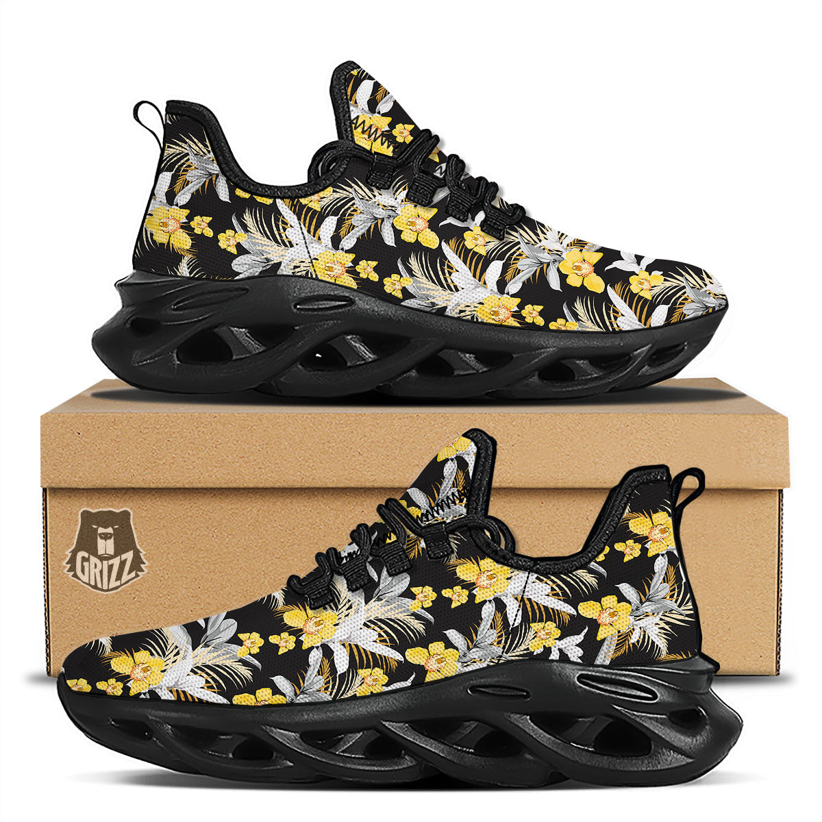 Orchid Yellow Print Pattern Black Running Shoes-grizzshop