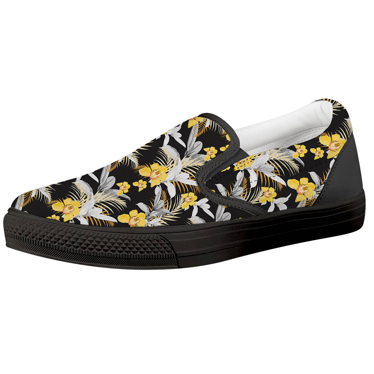 Orchid Yellow Print Pattern Black Slip On Shoes-grizzshop