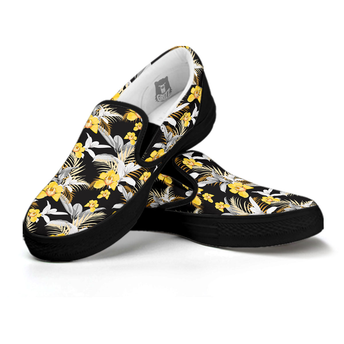 Orchid Yellow Print Pattern Black Slip On Shoes-grizzshop