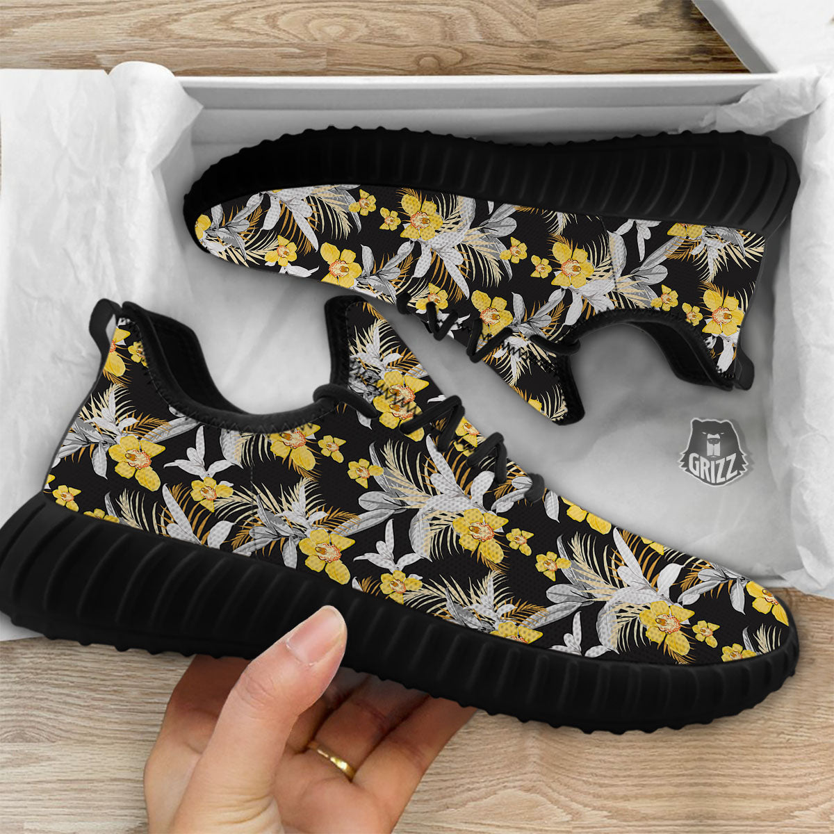 Orchid Yellow Print Pattern Black Walking Shoes-grizzshop