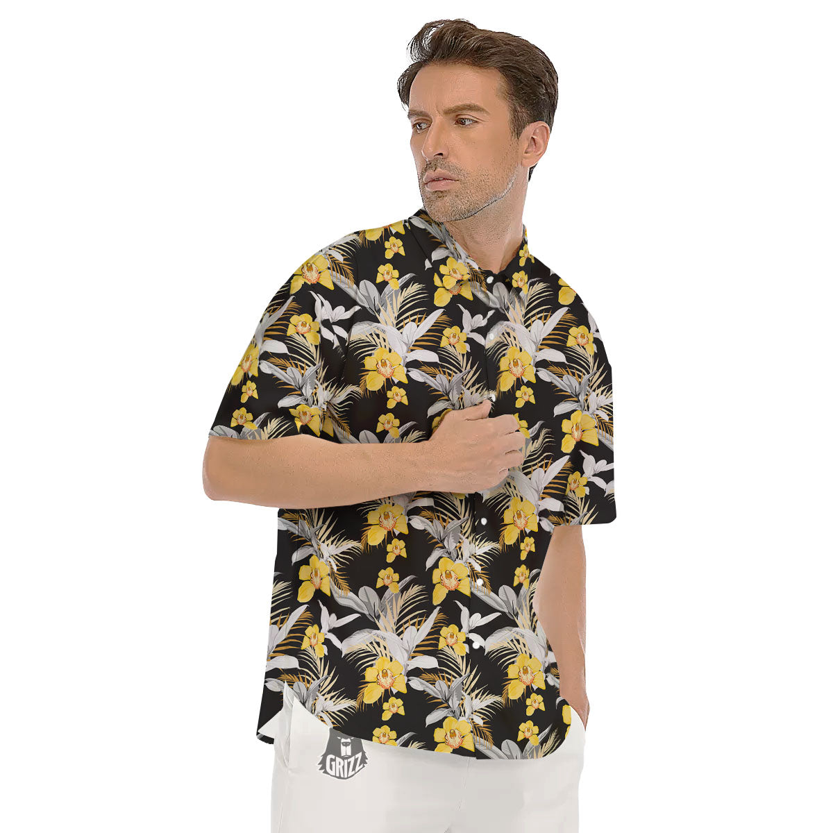 Orchid Yellow Print Pattern Men's Short Sleeve Shirts-grizzshop