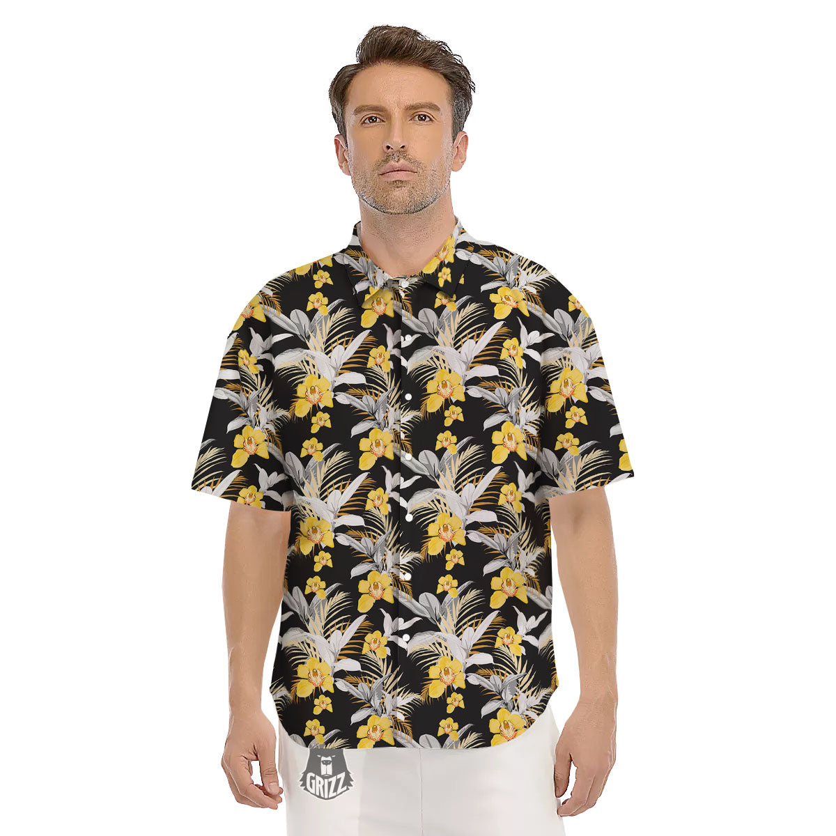 Orchid Yellow Print Pattern Men's Short Sleeve Shirts-grizzshop