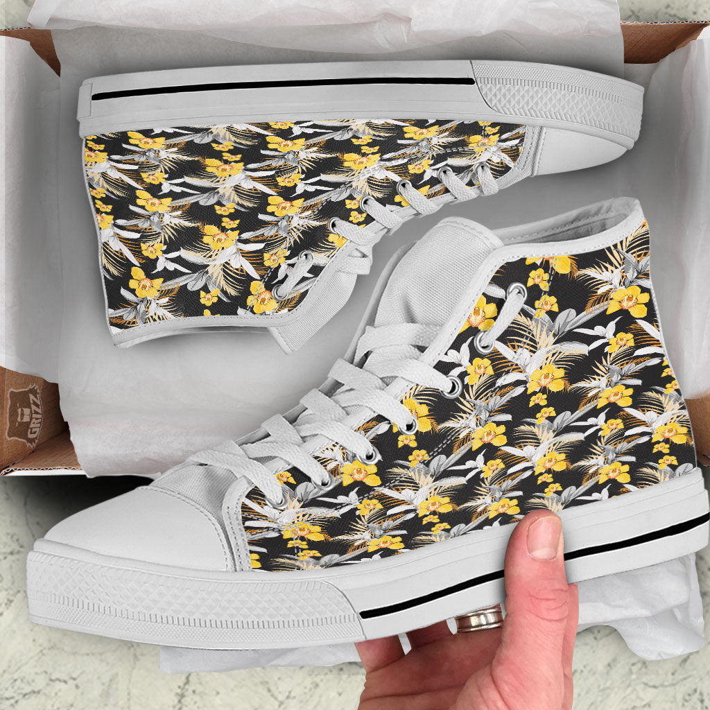 Orchid Yellow Print Pattern White High Top Shoes-grizzshop