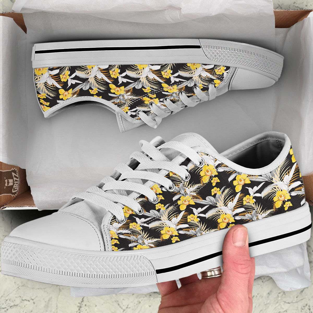 Orchid Yellow Print Pattern White Low Top Shoes-grizzshop
