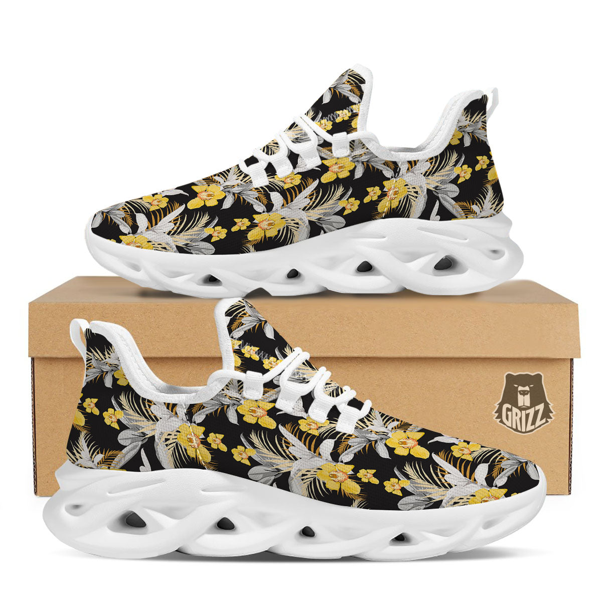 Orchid Yellow Print Pattern White Running Shoes-grizzshop