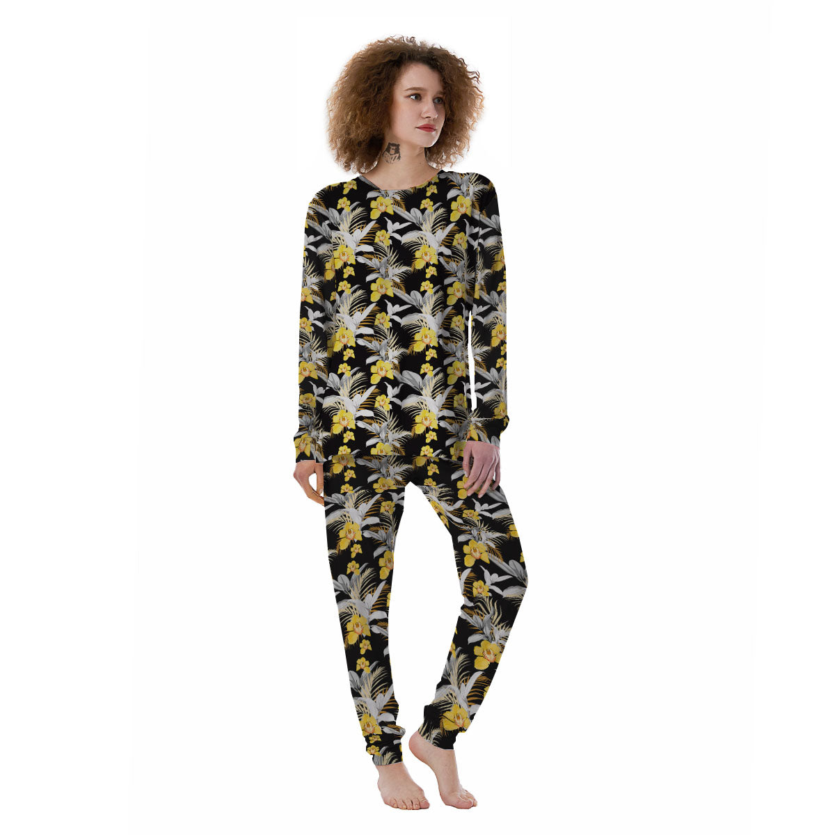 Orchid Yellow Print Pattern Women's Pajamas-grizzshop