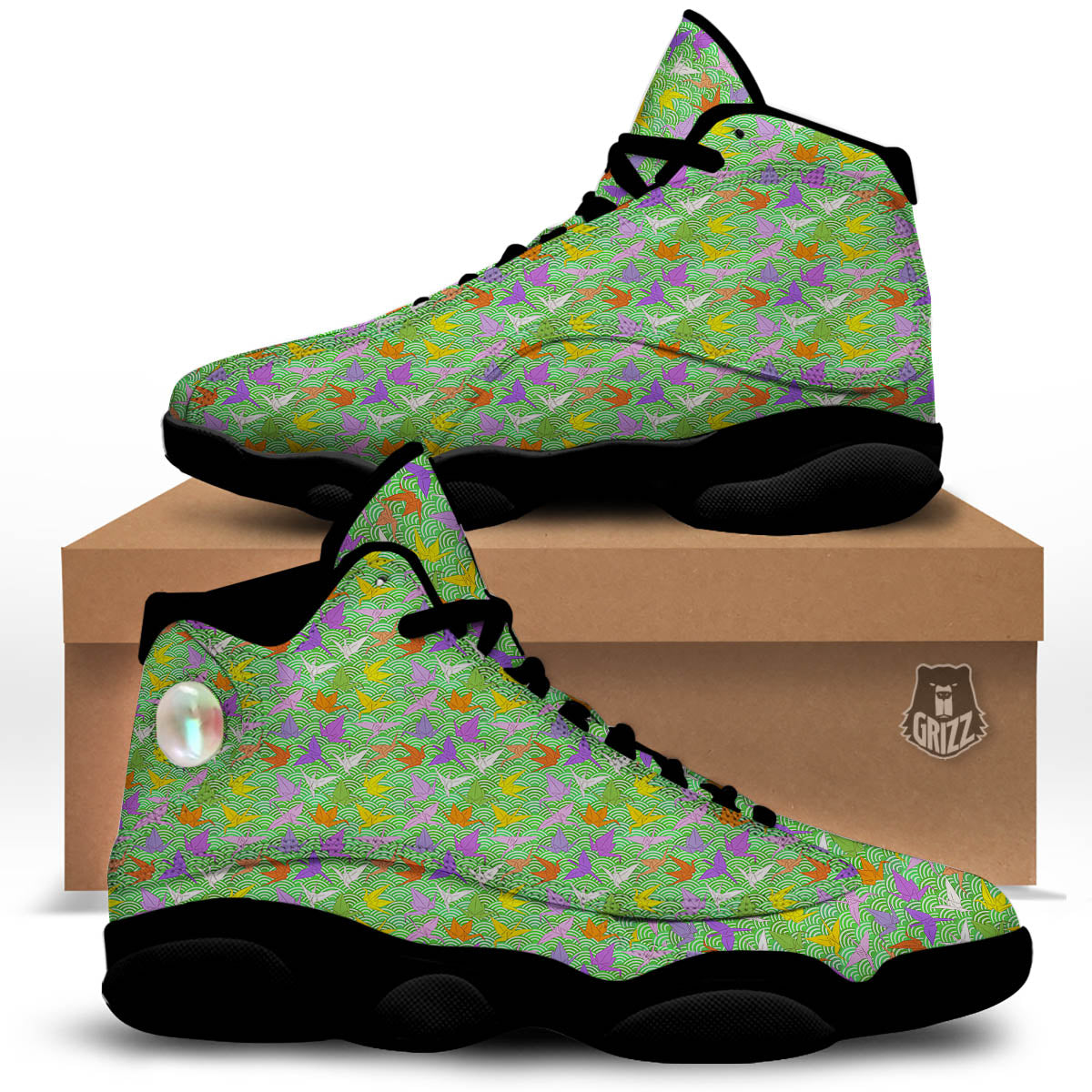 Origami Bird Colorful Print Pattern Black Basketball Shoes-grizzshop