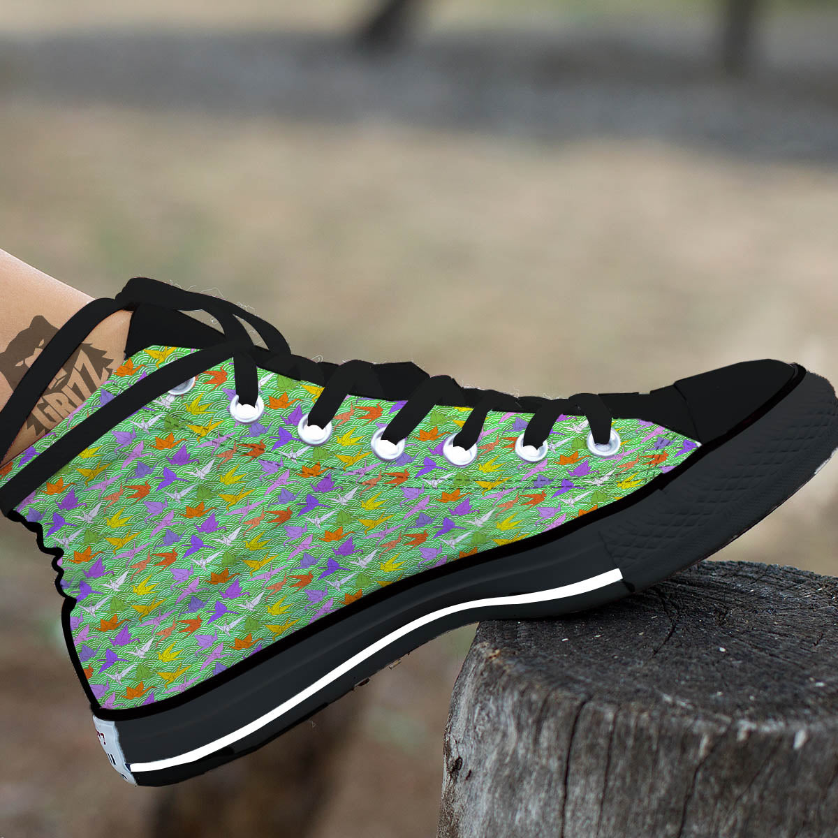 Origami Bird Colorful Print Pattern Black High Top Shoes-grizzshop