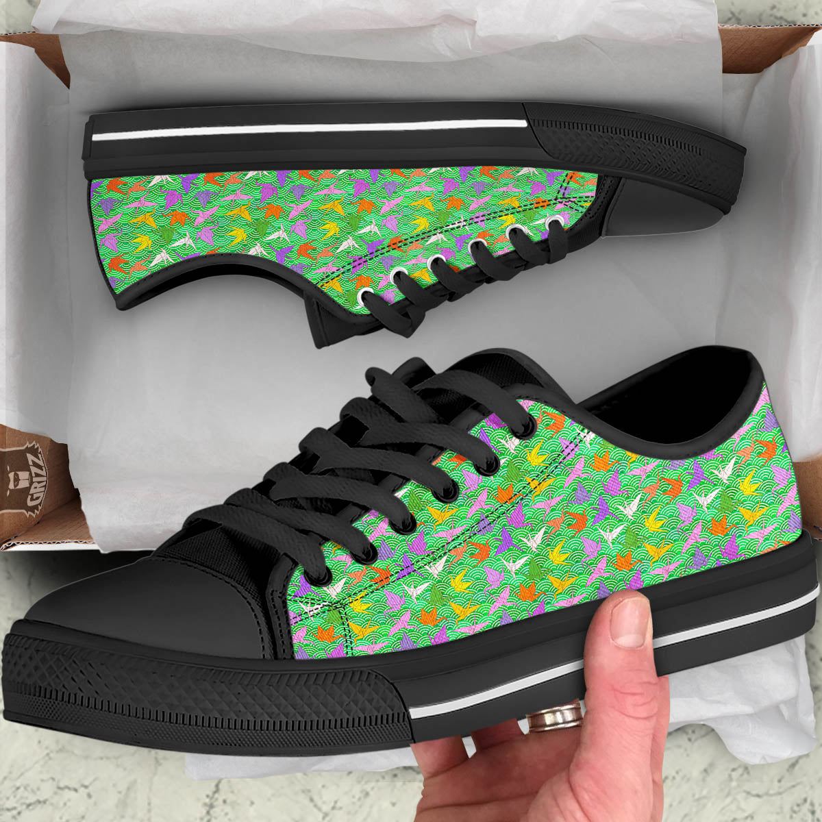 Origami Bird Colorful Print Pattern Black Low Top Shoes-grizzshop