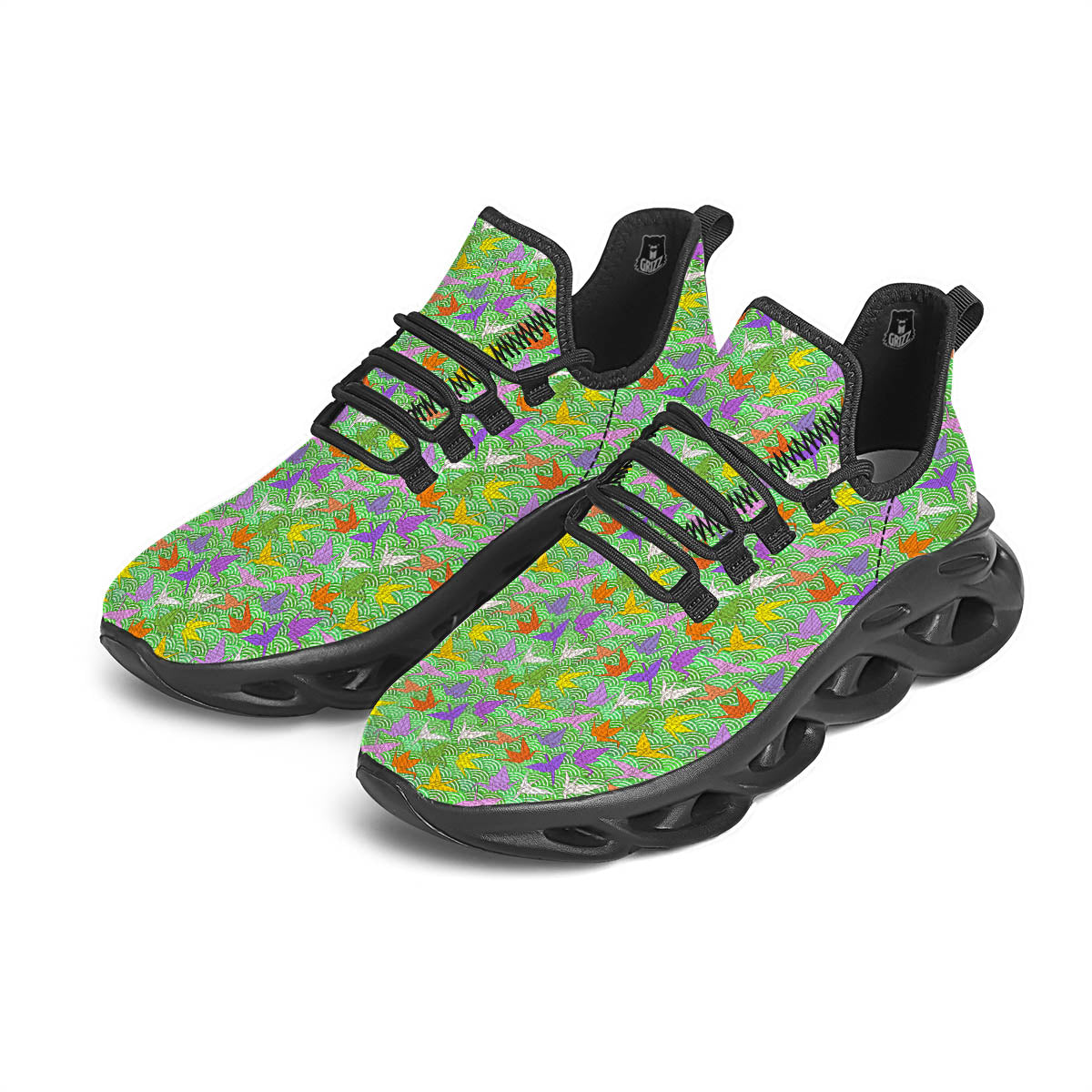 Origami Bird Colorful Print Pattern Black Running Shoes-grizzshop