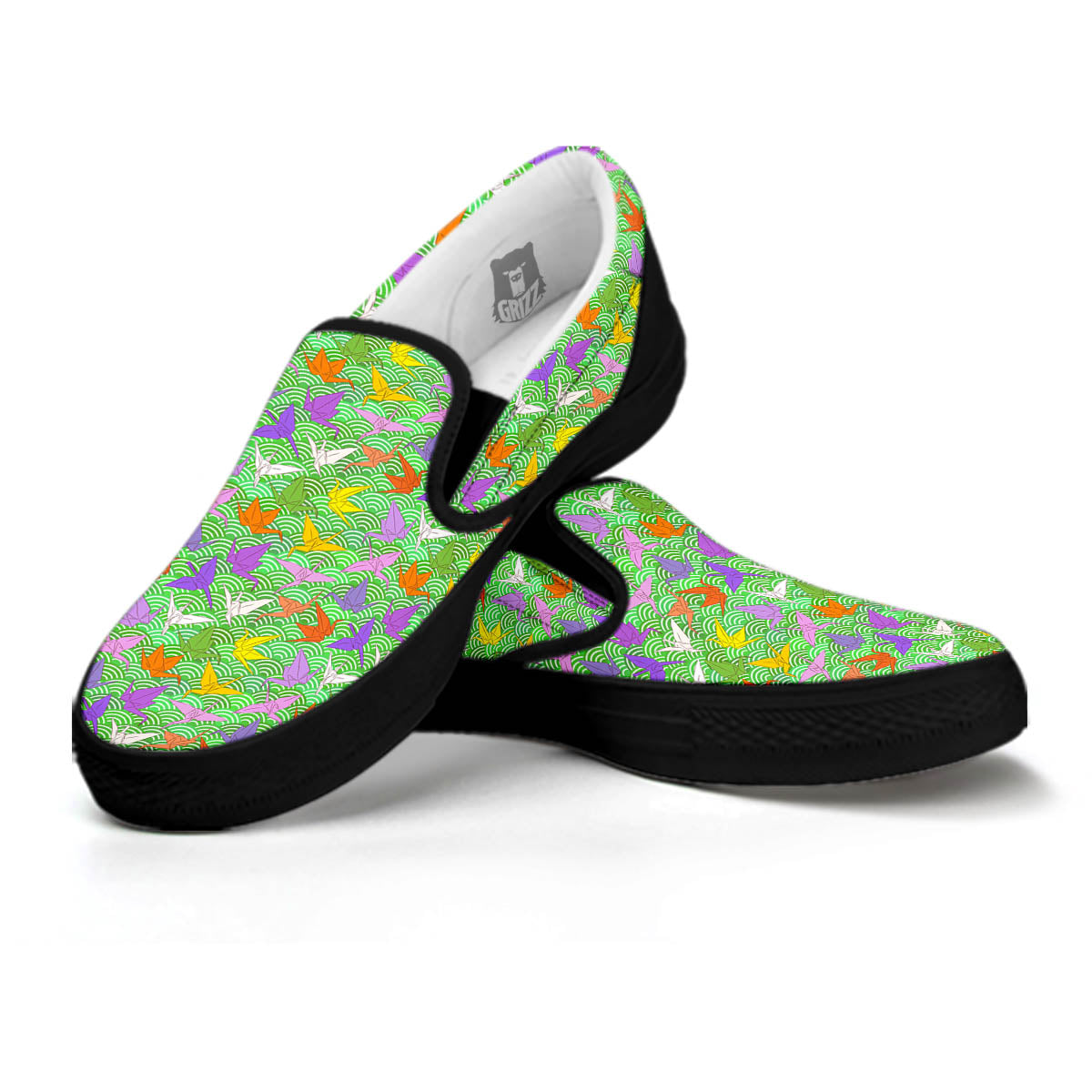 Origami Bird Colorful Print Pattern Black Slip On Shoes-grizzshop