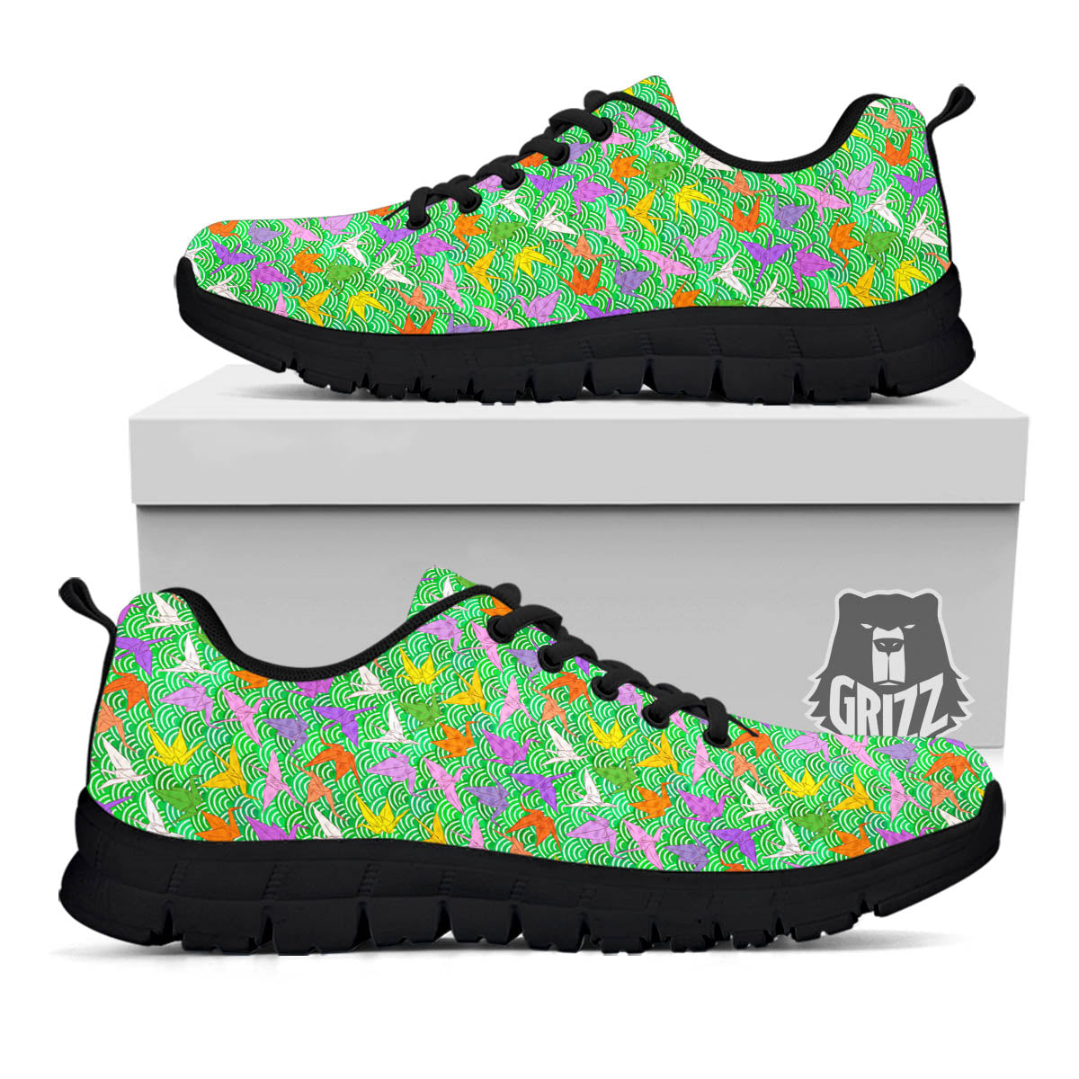 Origami Bird Colorful Print Pattern Black Sneaker-grizzshop