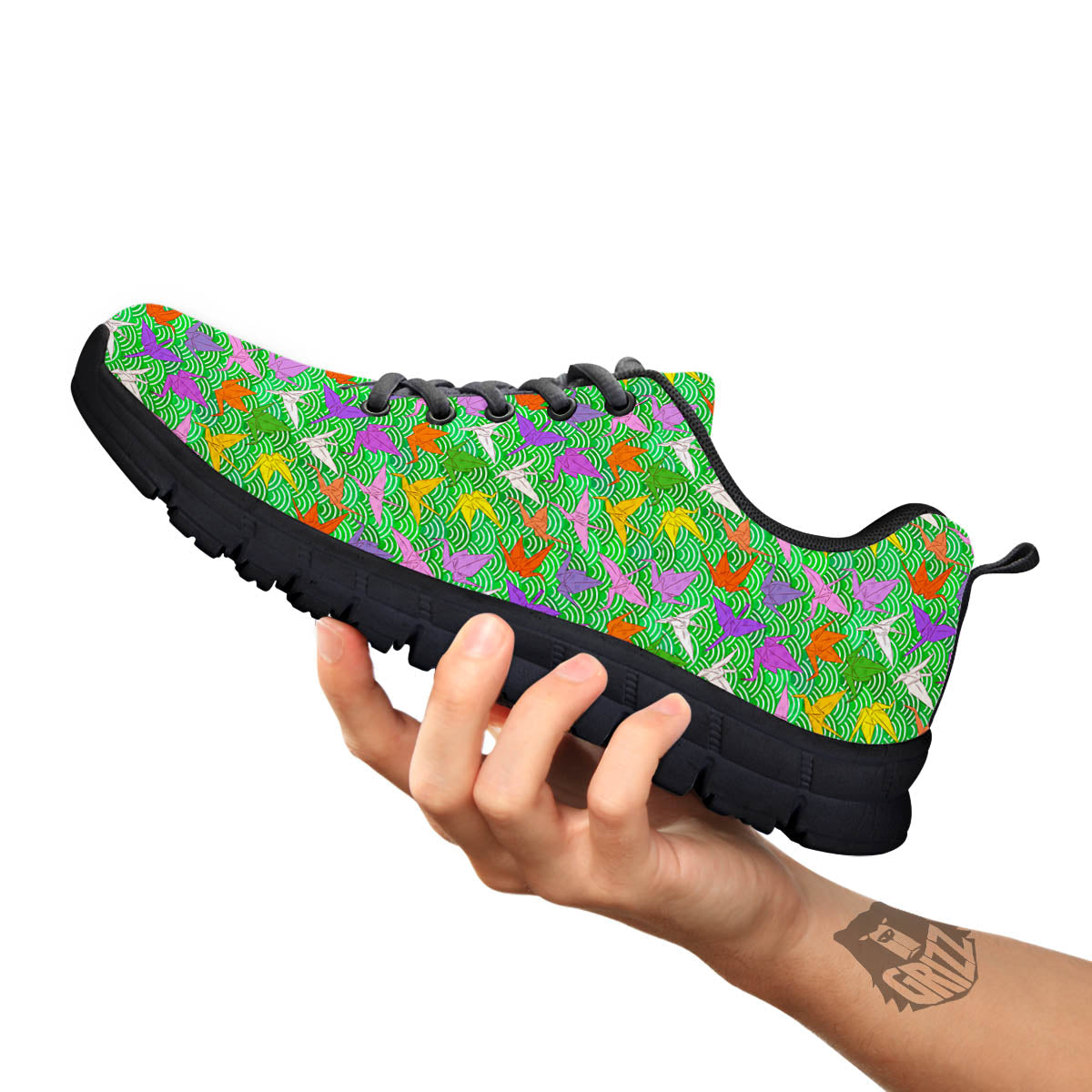 Origami Bird Colorful Print Pattern Black Sneaker-grizzshop