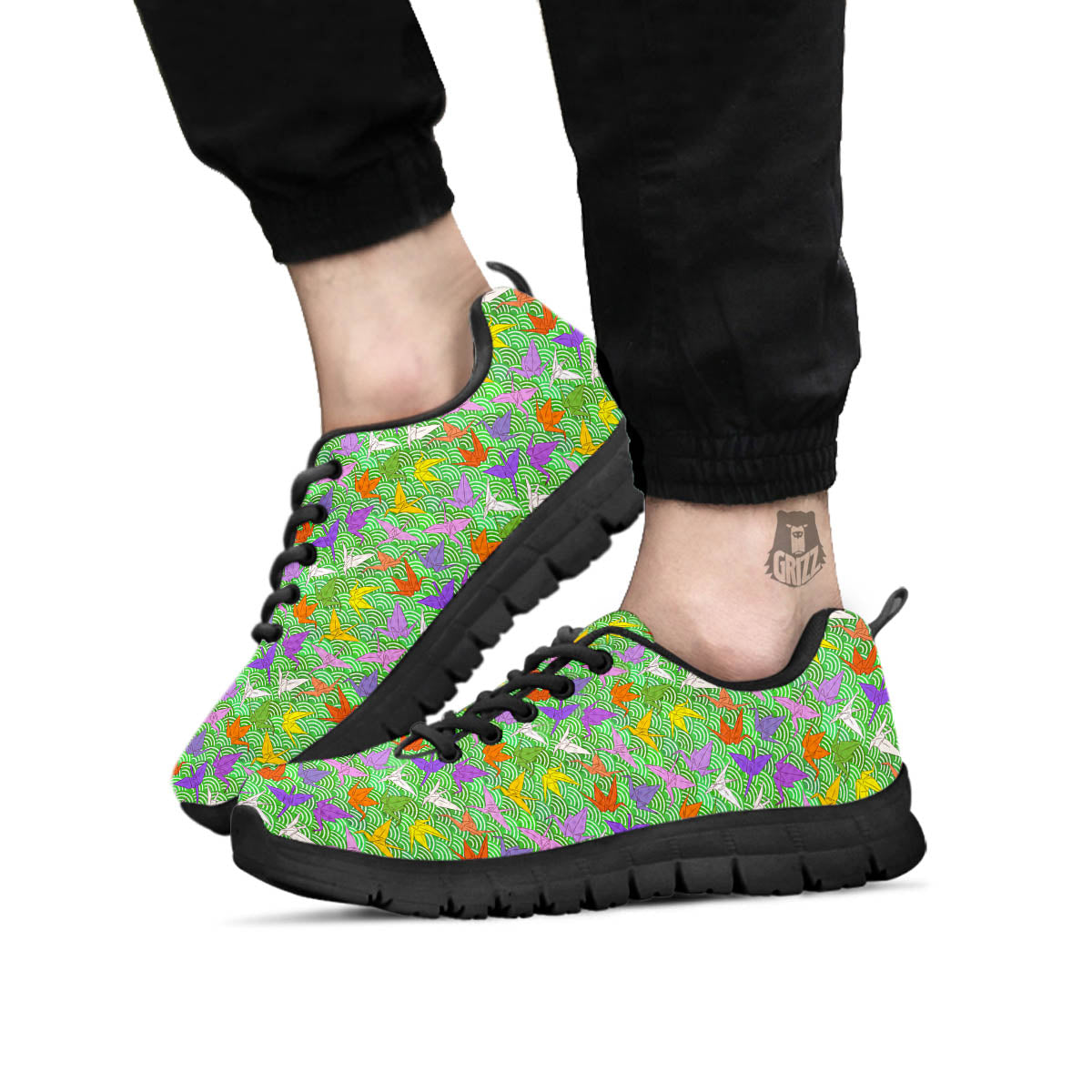 Origami Bird Colorful Print Pattern Black Sneaker-grizzshop