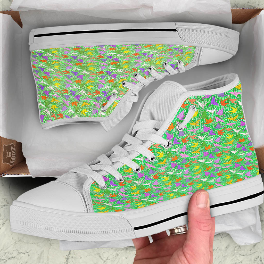 Origami Bird Colorful Print Pattern White High Top Shoes-grizzshop