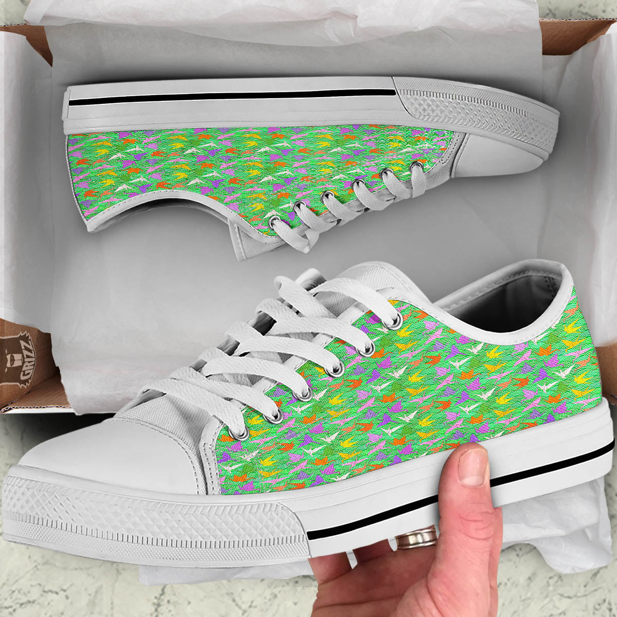 Origami Bird Colorful Print Pattern White Low Top Shoes-grizzshop