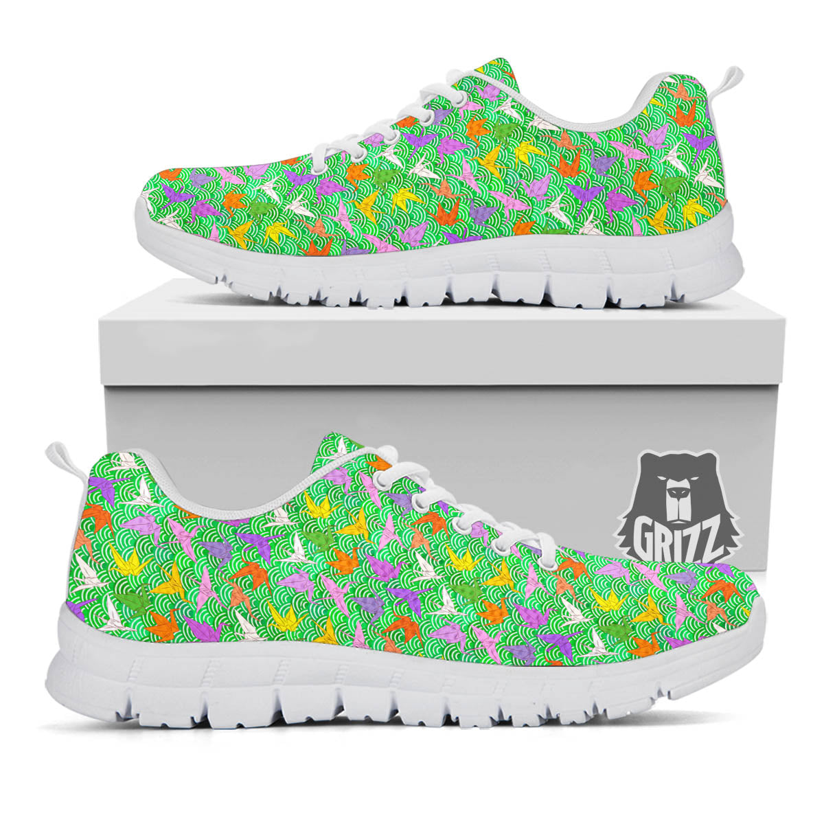 Origami Bird Colorful Print Pattern White Sneaker-grizzshop