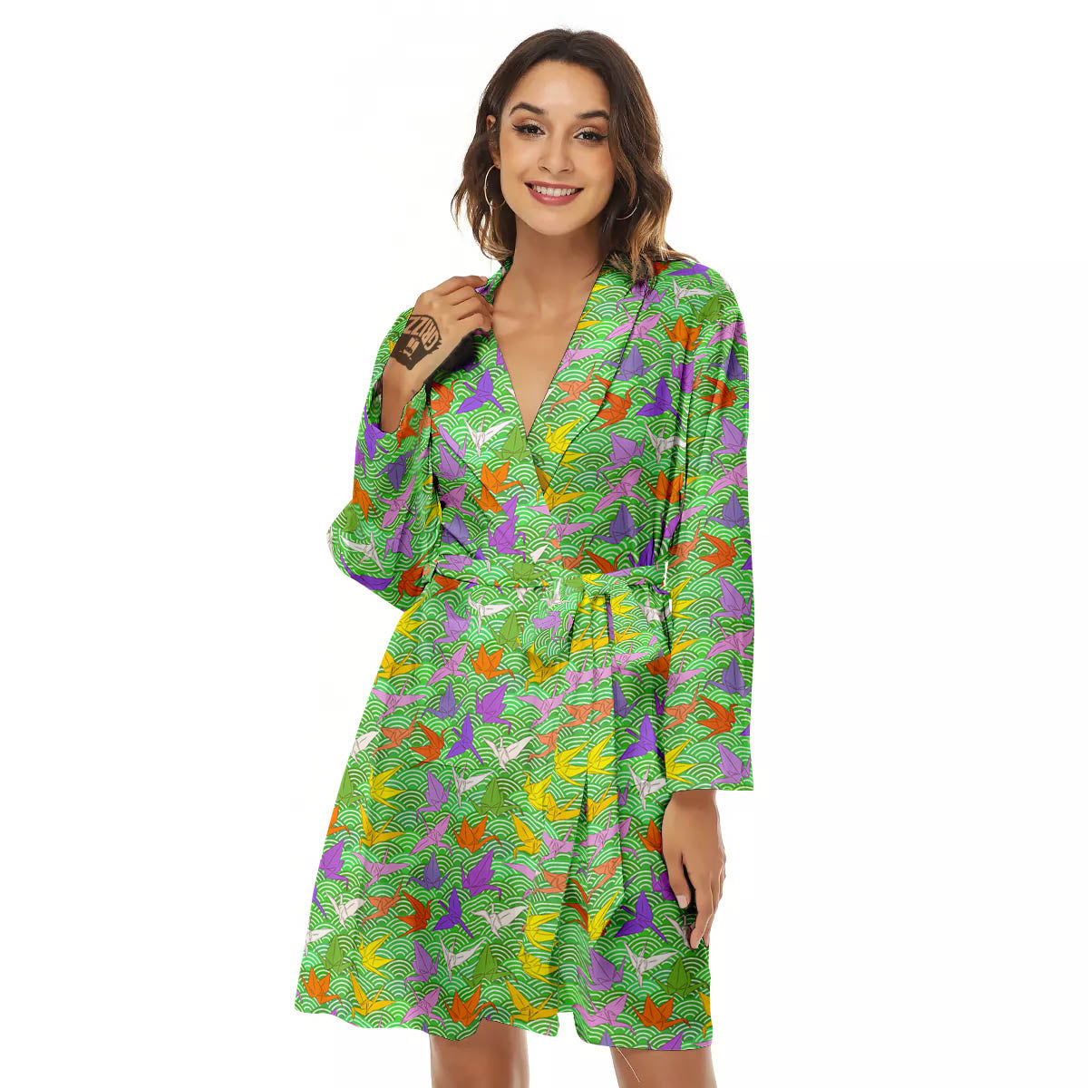 Origami Bird Colorful Print Pattern Women's Robe-grizzshop