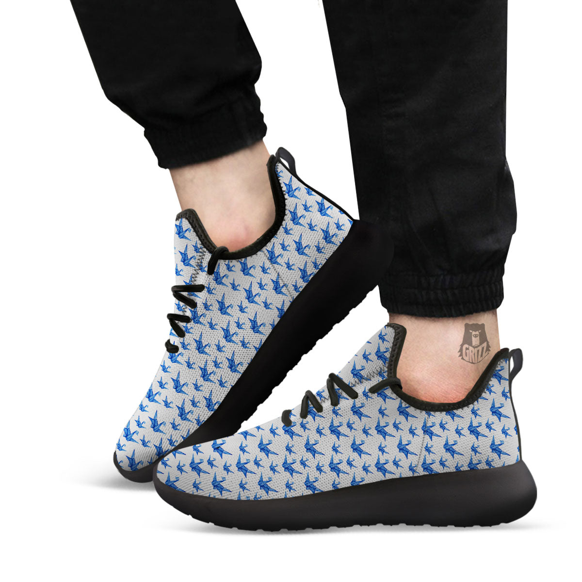 Origami Crane Blue Print Pattern Black Athletic Shoes-grizzshop