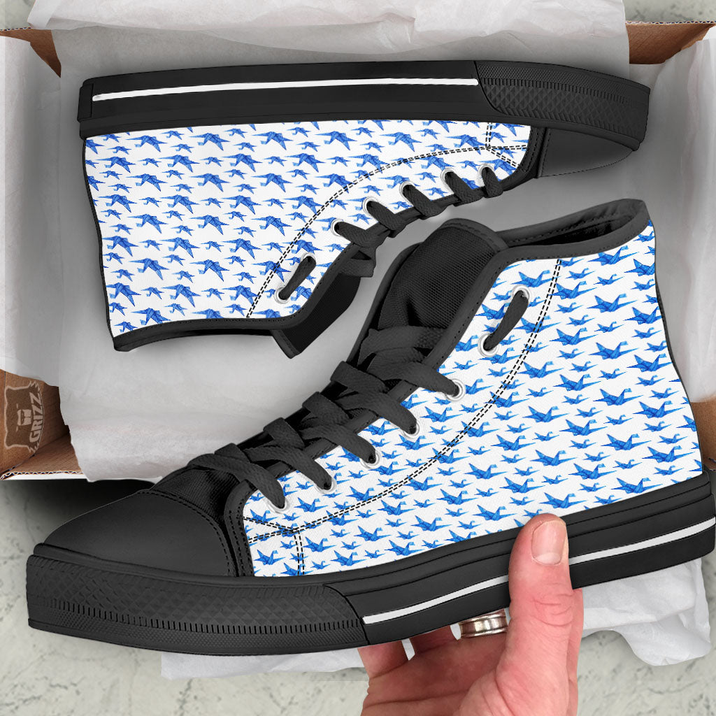 Origami Crane Blue Print Pattern Black High Top Shoes-grizzshop
