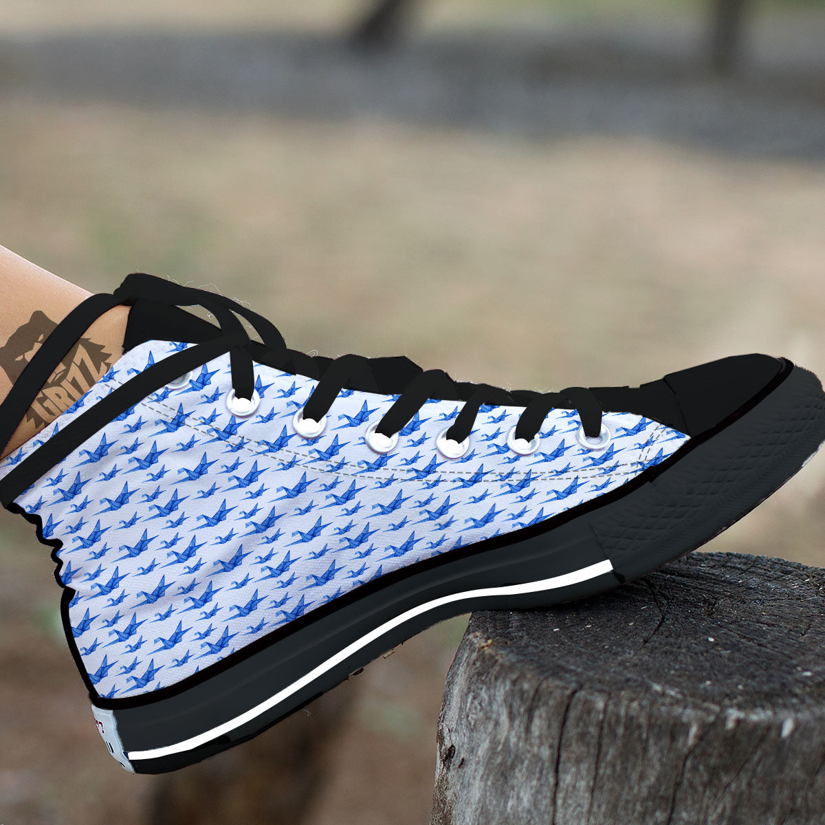 Origami Crane Blue Print Pattern Black High Top Shoes-grizzshop