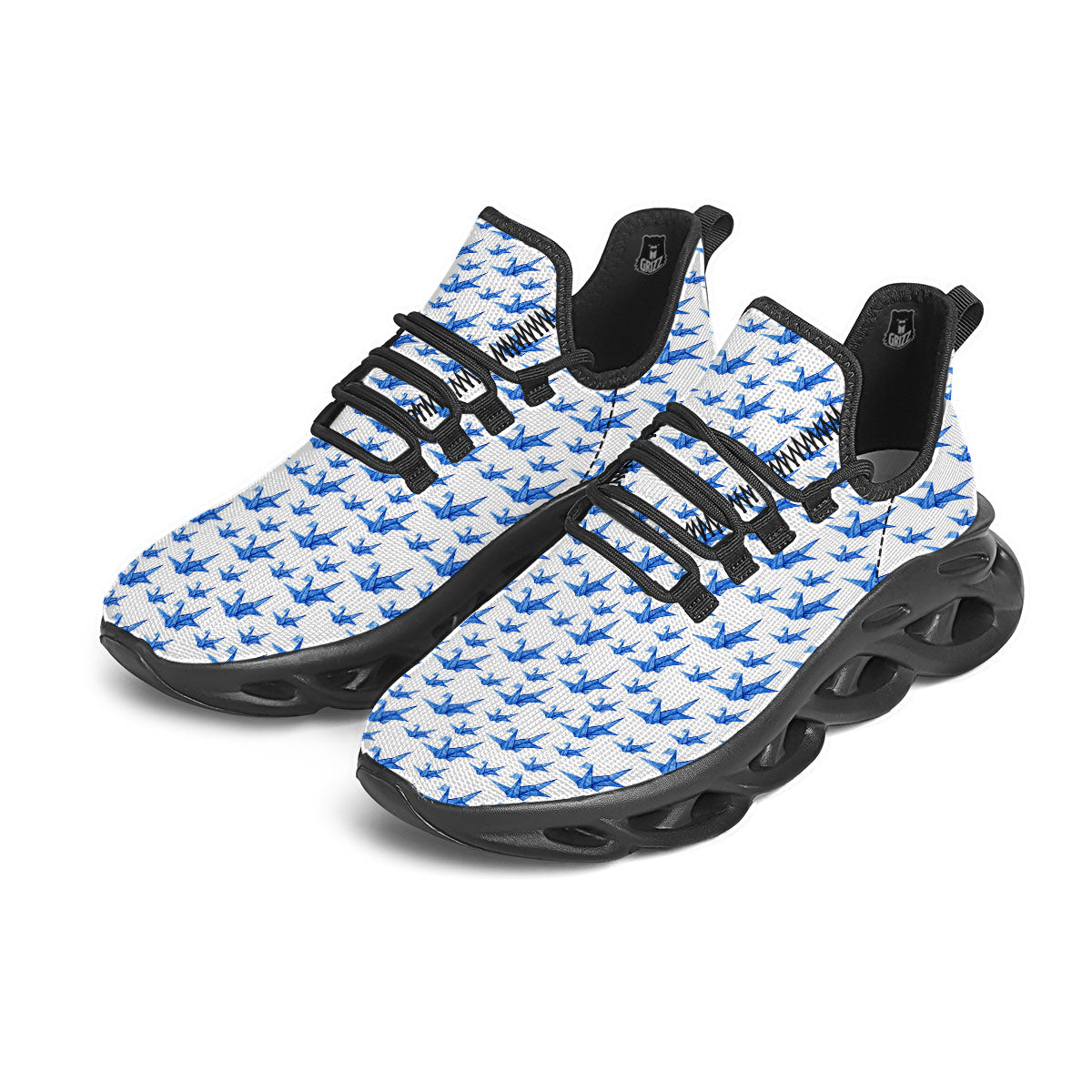 Origami Crane Blue Print Pattern Black Running Shoes-grizzshop