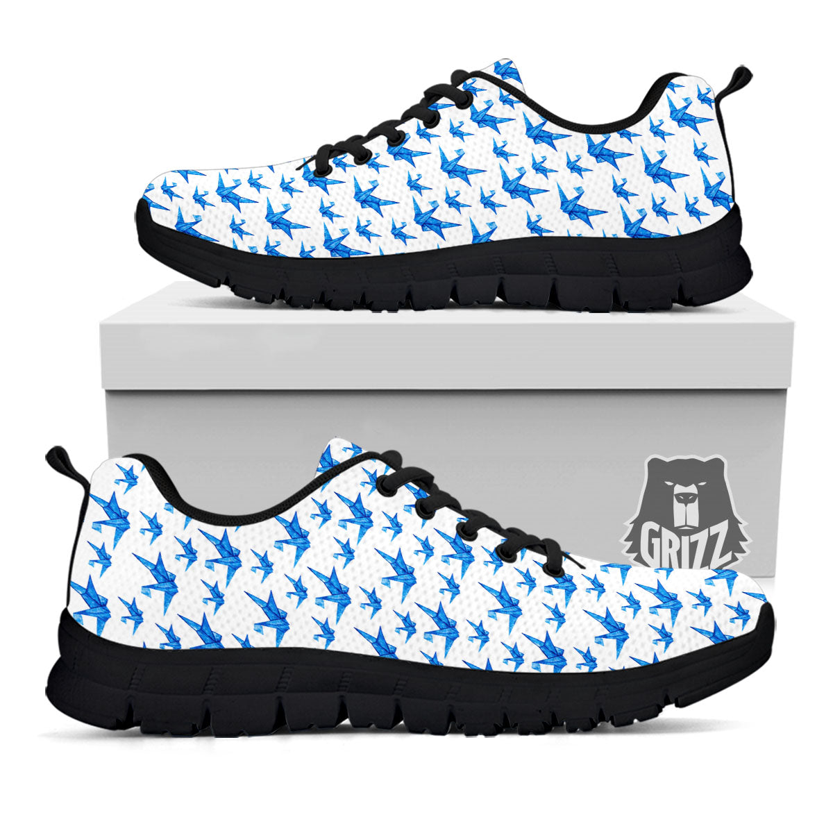 Origami Crane Blue Print Pattern Black Sneaker-grizzshop