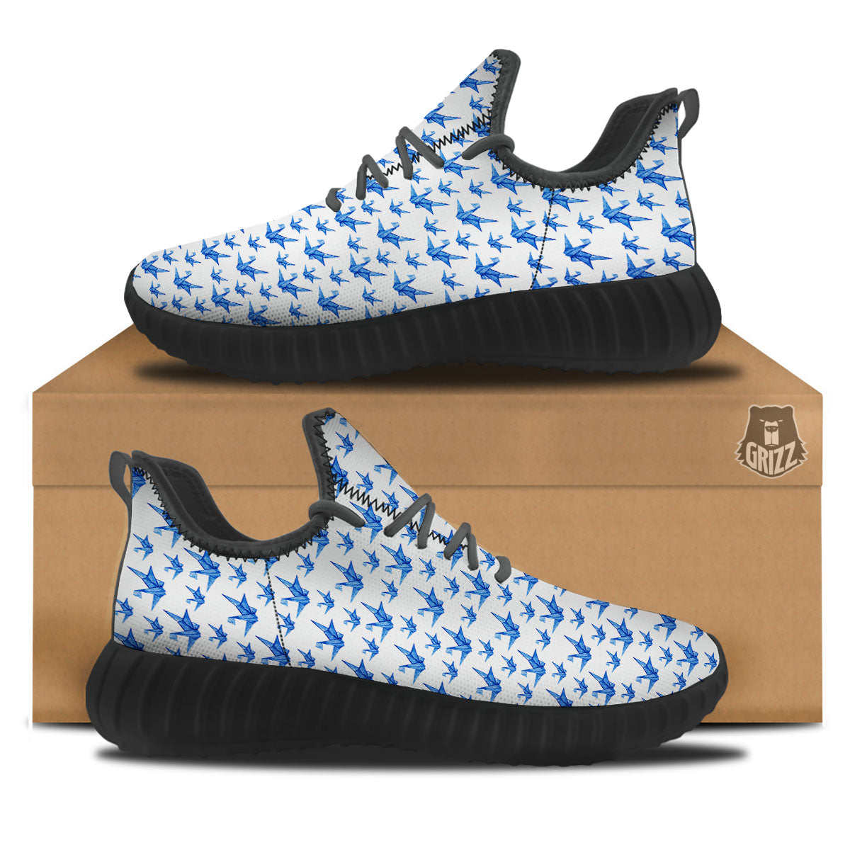 Origami Crane Blue Print Pattern Black Walking Shoes-grizzshop