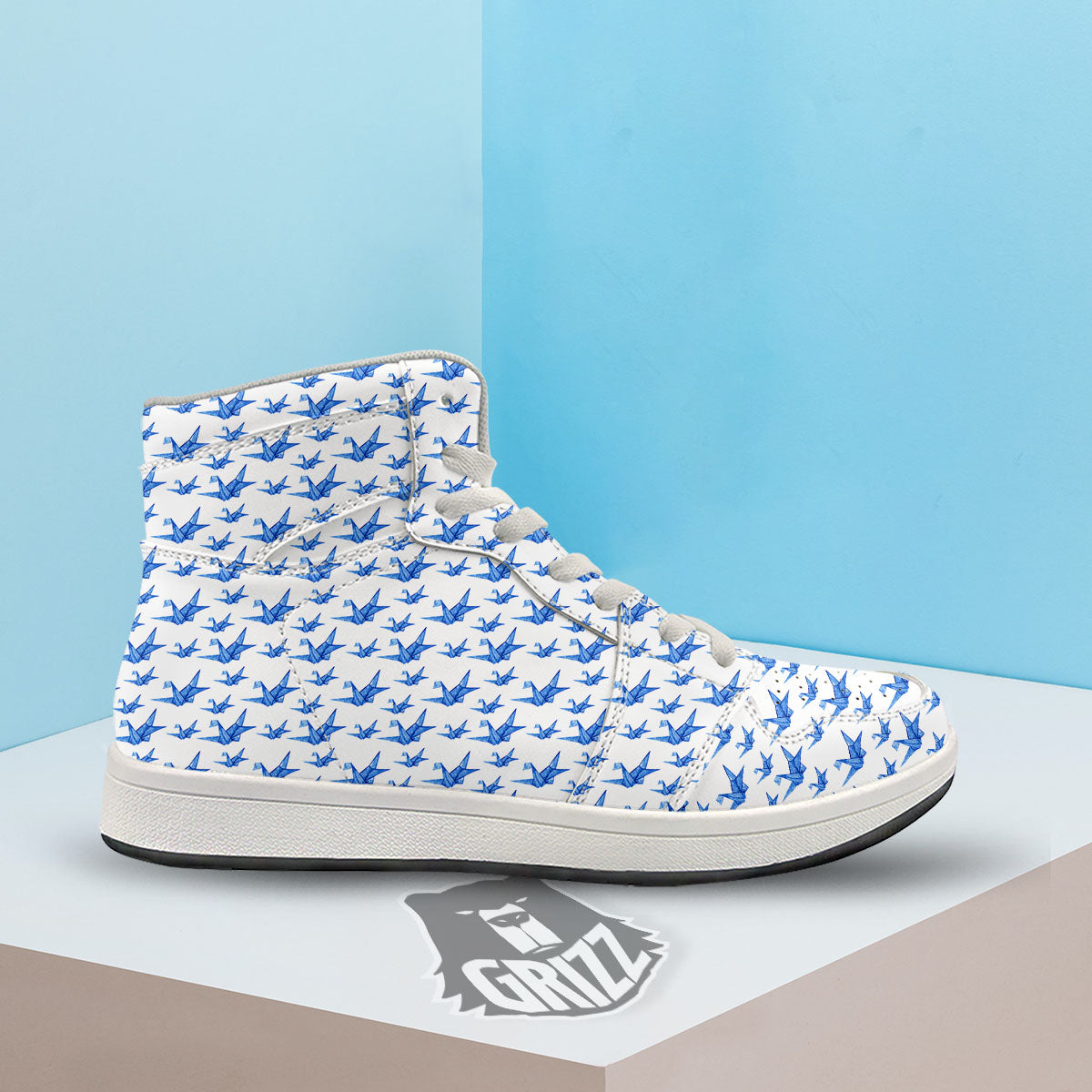 Origami Crane Blue Print Pattern High Top Sneakers-grizzshop