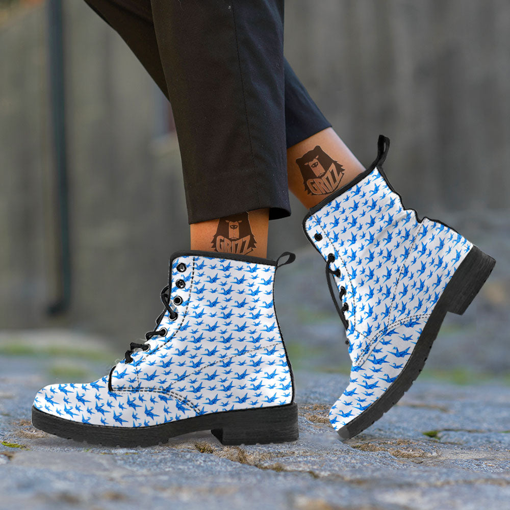 Origami Crane Blue Print Pattern Leather Boots-grizzshop