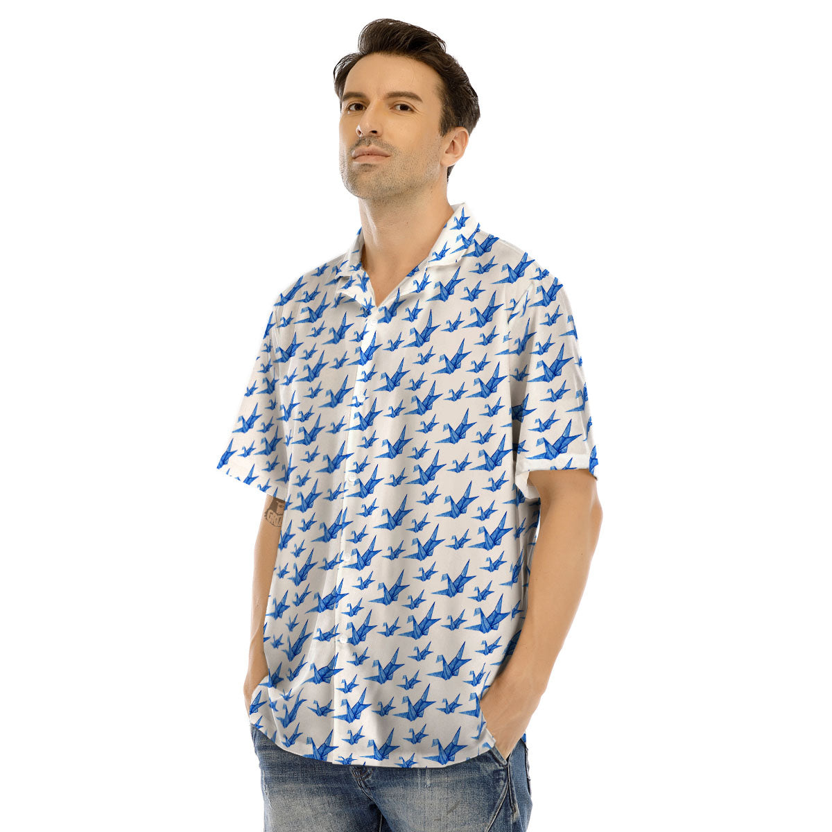 Origami Crane Blue Print Pattern Men's Hawaiian Shirt-grizzshop