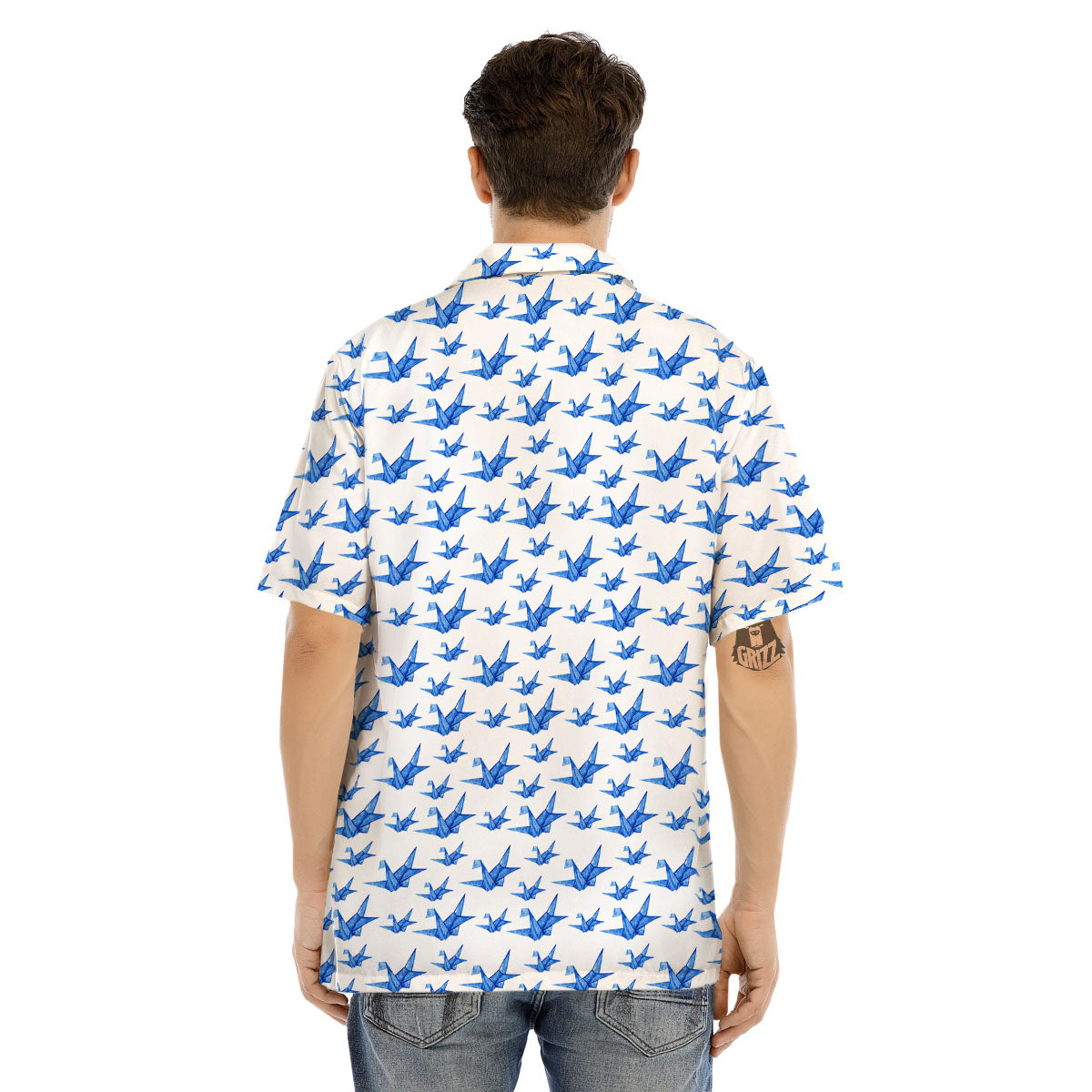 Origami Crane Blue Print Pattern Men's Hawaiian Shirt-grizzshop