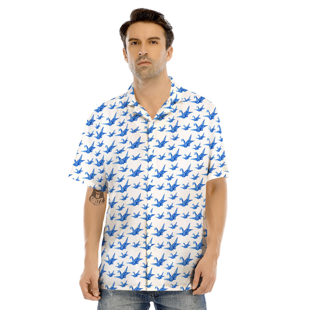 Origami Crane Blue Print Pattern Men's Hawaiian Shirt-grizzshop