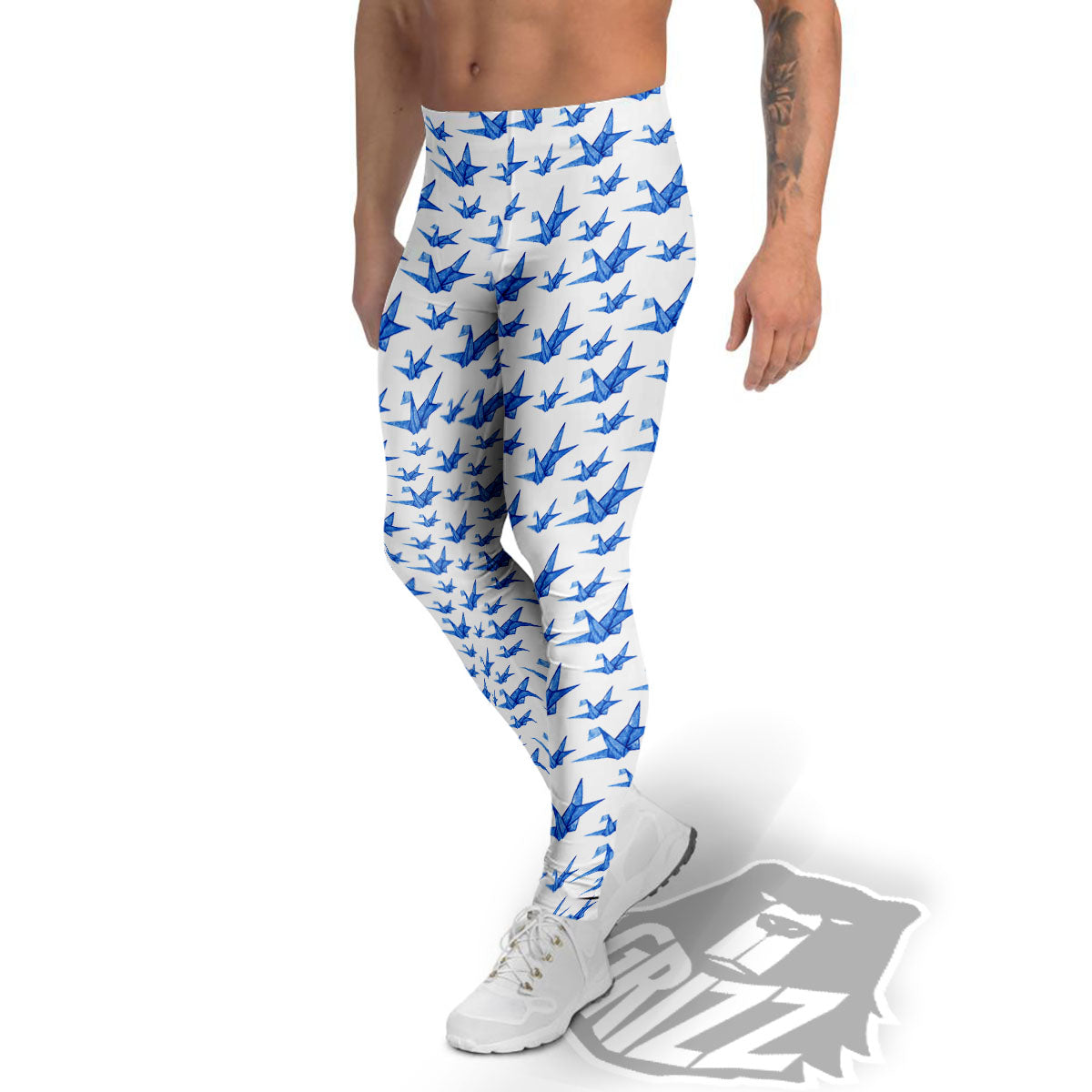 Origami Crane Blue Print Pattern Men's Leggings-grizzshop