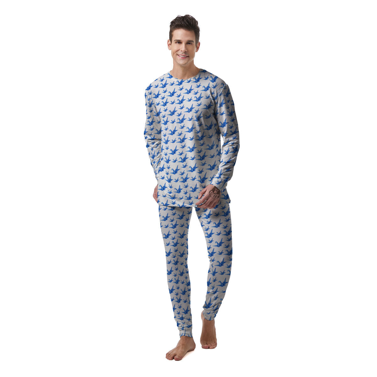 Origami Crane Blue Print Pattern Men's Pajamas-grizzshop