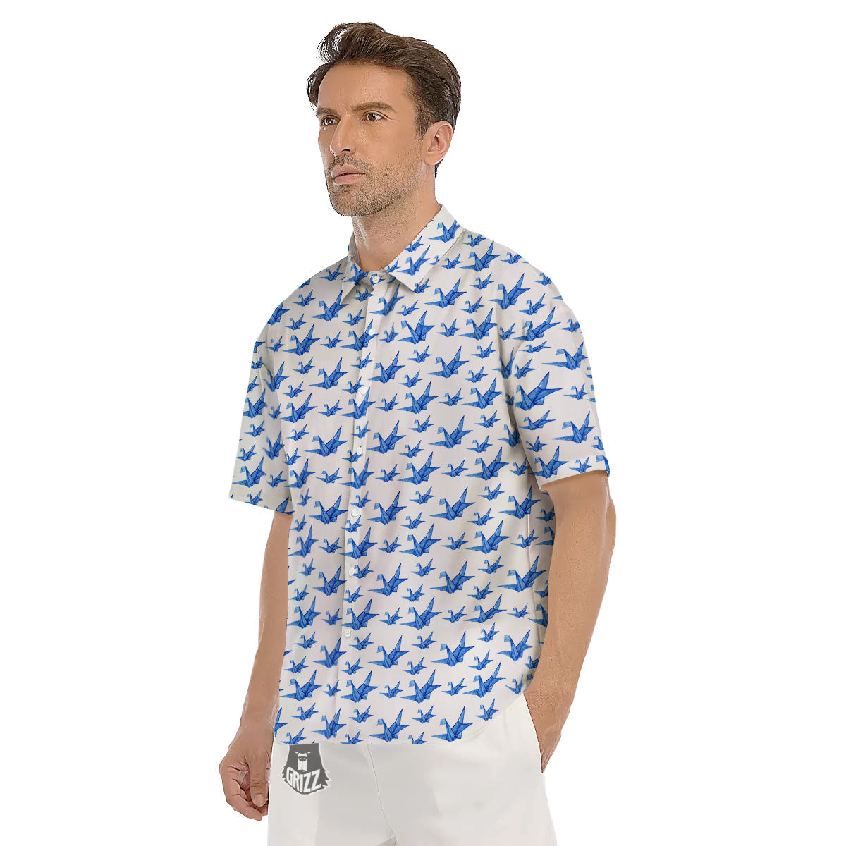 Origami Crane Blue Print Pattern Men's Short Sleeve Shirts-grizzshop