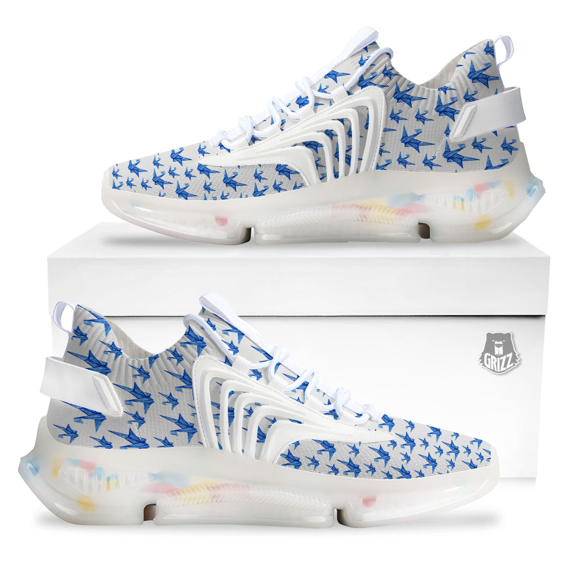 Origami Crane Blue Print Pattern White Gym Shoes-grizzshop