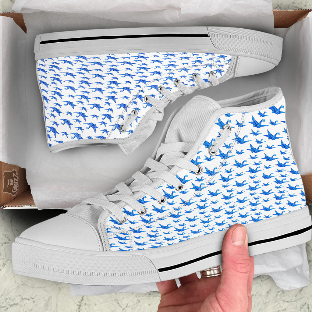 Origami Crane Blue Print Pattern White High Top Shoes-grizzshop