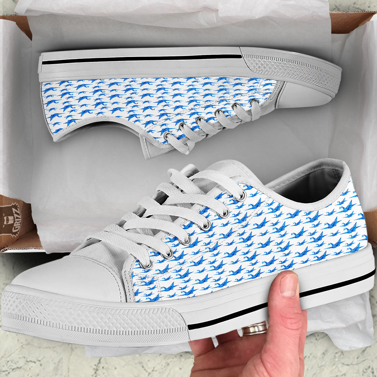 Origami Crane Blue Print Pattern White Low Top Shoes-grizzshop