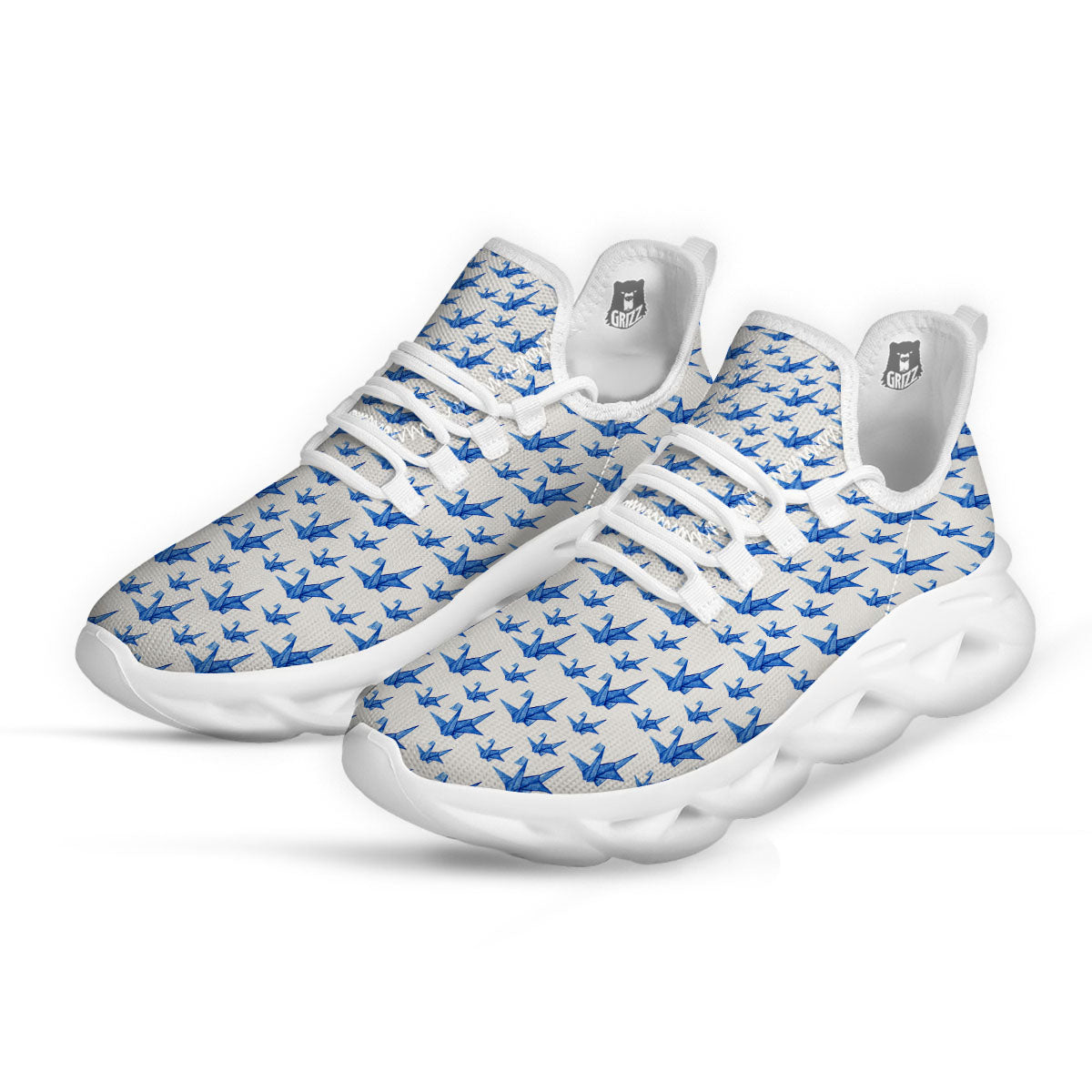 Origami Crane Blue Print Pattern White Running Shoes-grizzshop