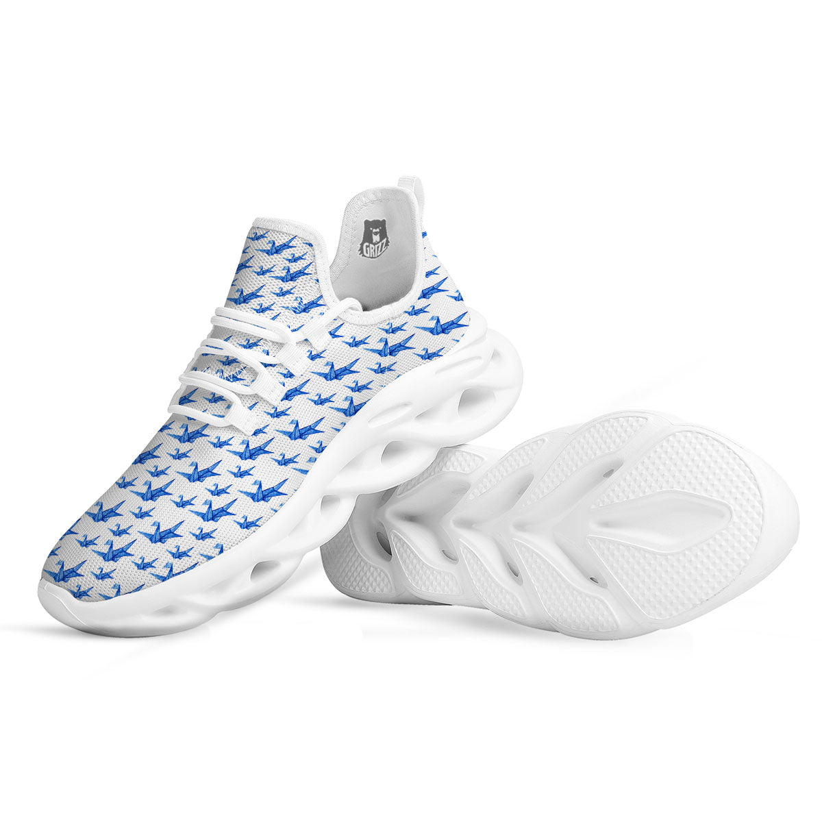 Origami Crane Blue Print Pattern White Running Shoes-grizzshop