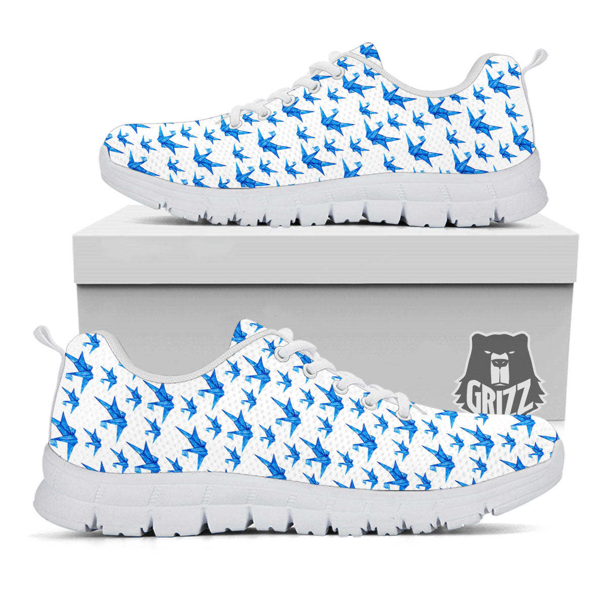 Origami Crane Blue Print Pattern White Sneaker-grizzshop