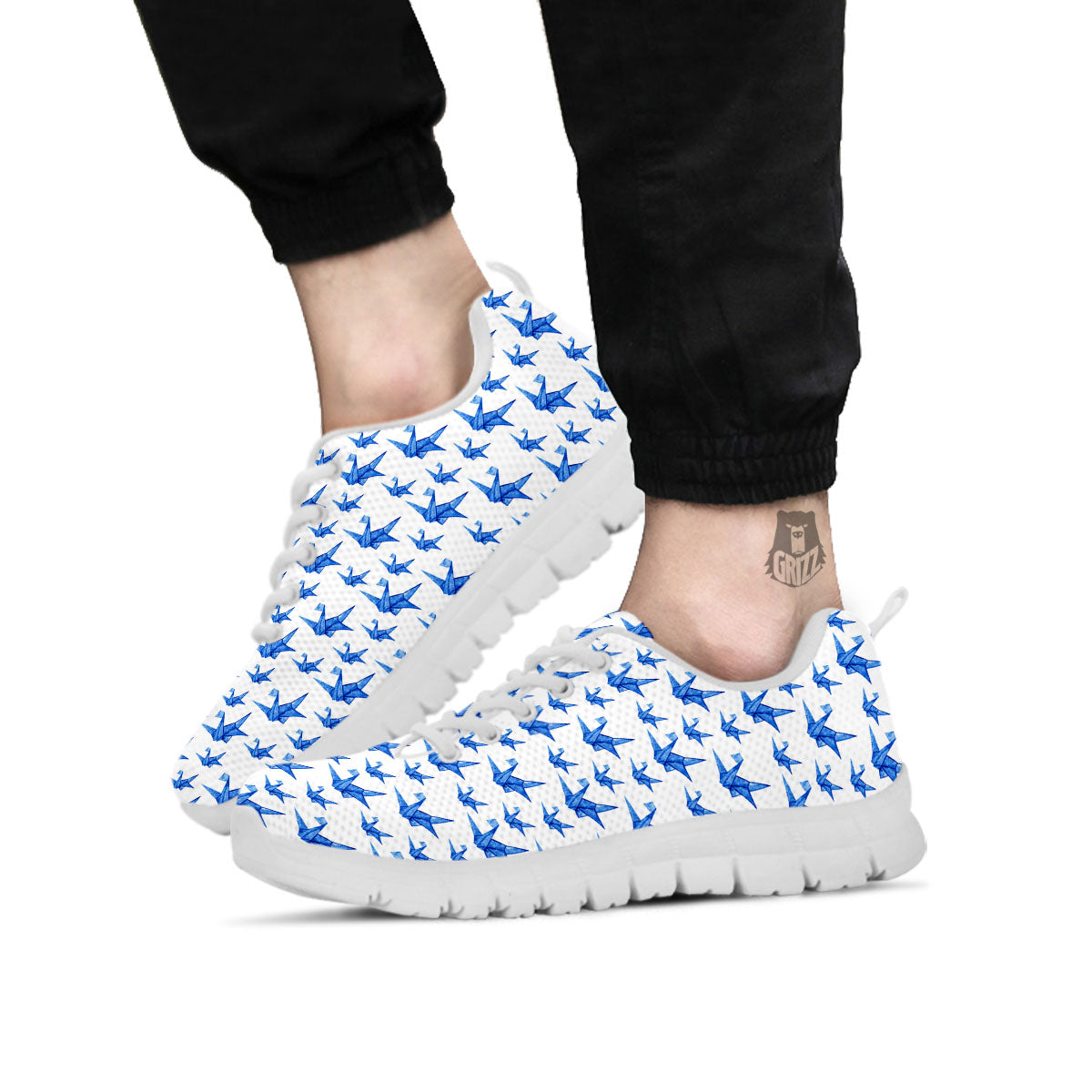 Origami Crane Blue Print Pattern White Sneaker-grizzshop