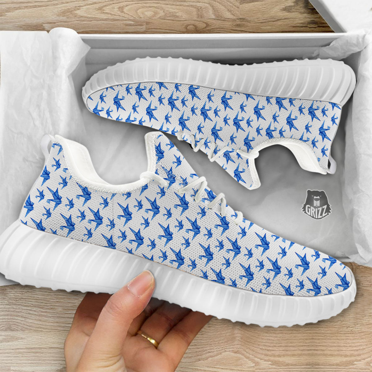 Origami Crane Blue Print Pattern White Walking Shoes-grizzshop
