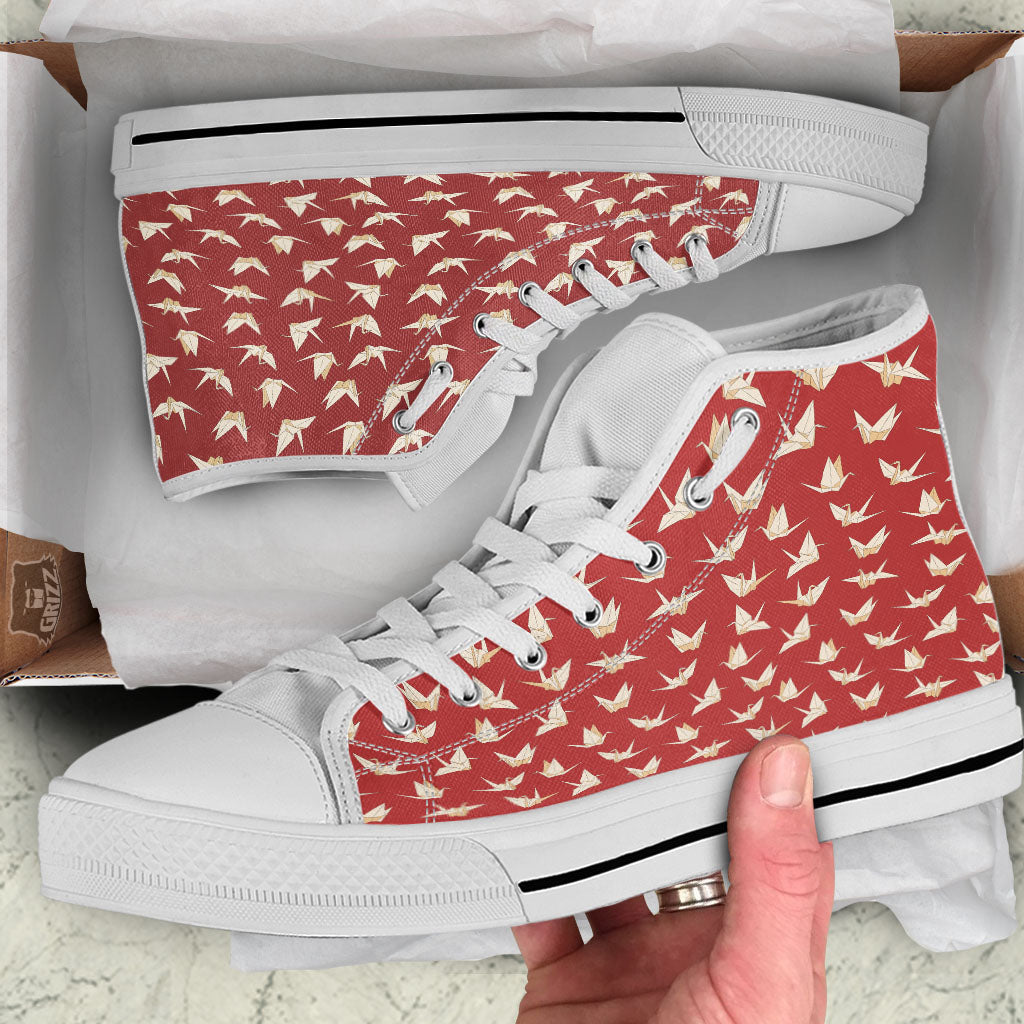 Origami Crane Japanese Print Pattern White High Top Shoes-grizzshop