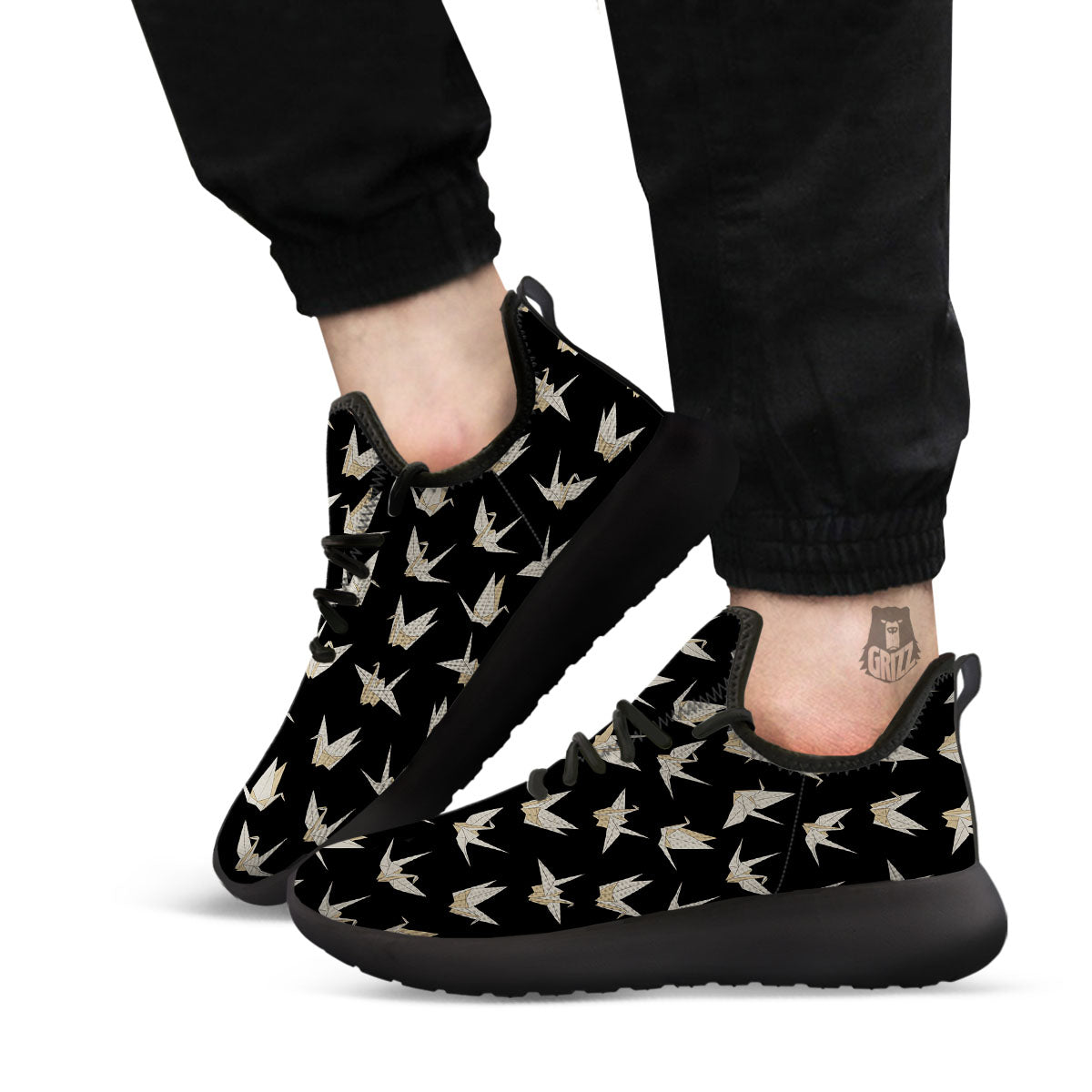 Origami White And Black Print Pattern Black Athletic Shoes-grizzshop