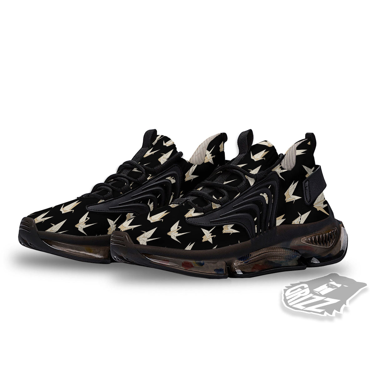 Origami White And Black Print Pattern Black Gym Shoes-grizzshop