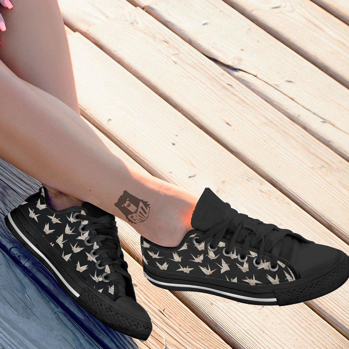 Origami White And Black Print Pattern Black Low Top Shoes-grizzshop