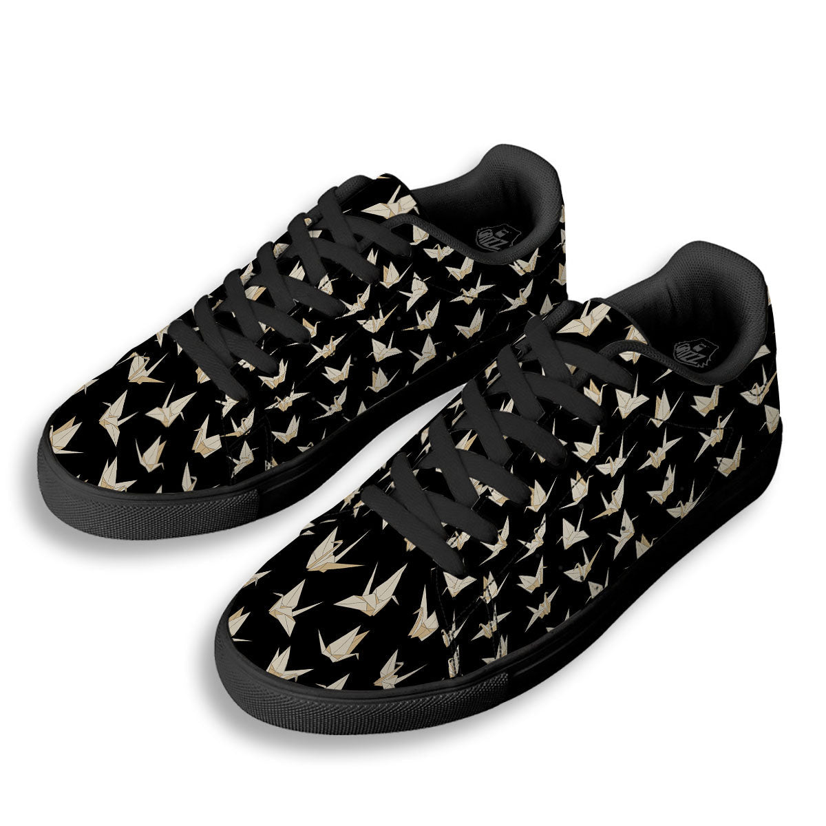 Origami White And Black Print Pattern Black Low Top Sneakers-grizzshop